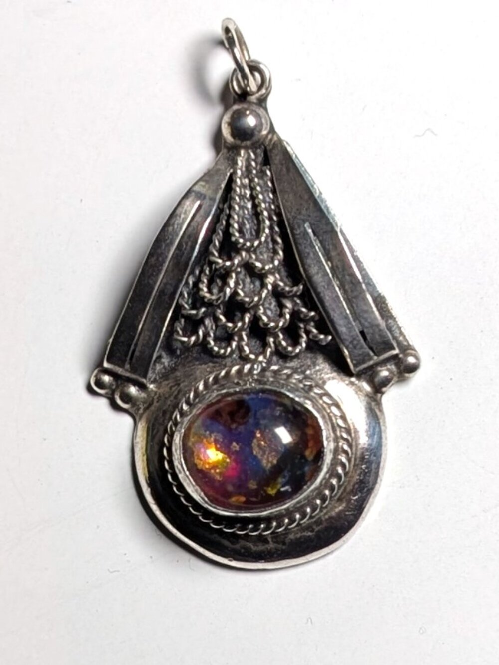 Sterling silver “dragon’s breath” glass opal and silver chain